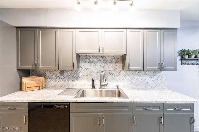 kitchen with decorative backsplash, sink, dishwasher, and gray cabinetry