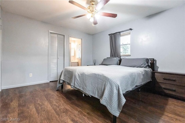 bedroom featuring a closet, dark hardwood / wood-style floors, connected bathroom, and ceiling fan