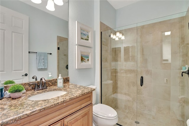 bathroom with vanity, a shower with shower door, and toilet