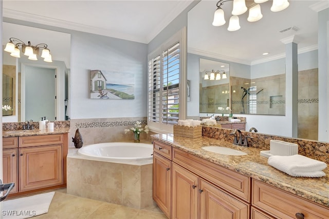 bathroom featuring tile patterned flooring, shower with separate bathtub, vanity, and crown molding