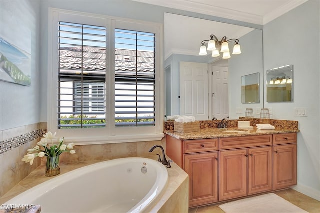 bathroom featuring vanity, tiled tub, crown molding, and tile patterned flooring