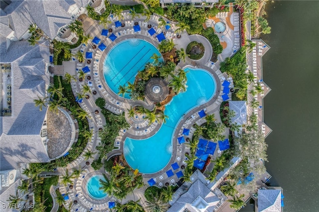 bird's eye view with a water view