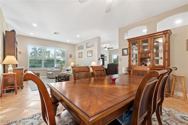 dining area featuring light tile patterned floors, recessed lighting, visible vents, baseboards, and a ceiling fan