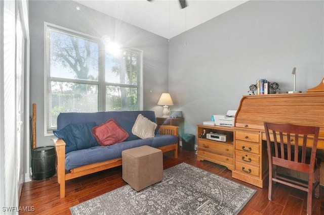 interior space with ceiling fan, dark wood finished floors, and lofted ceiling