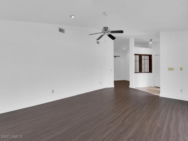 unfurnished living room featuring wood-type flooring, lofted ceiling, and ceiling fan