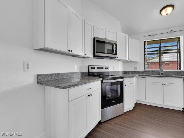 kitchen with white cabinets, dark hardwood / wood-style flooring, and appliances with stainless steel finishes