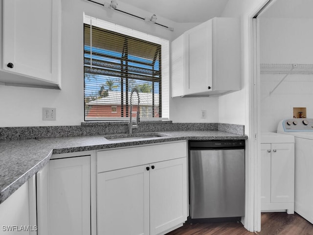 kitchen with sink, stainless steel dishwasher, and white cabinetry