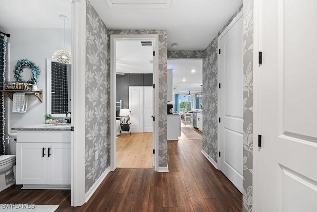 hall featuring dark wood-type flooring and sink