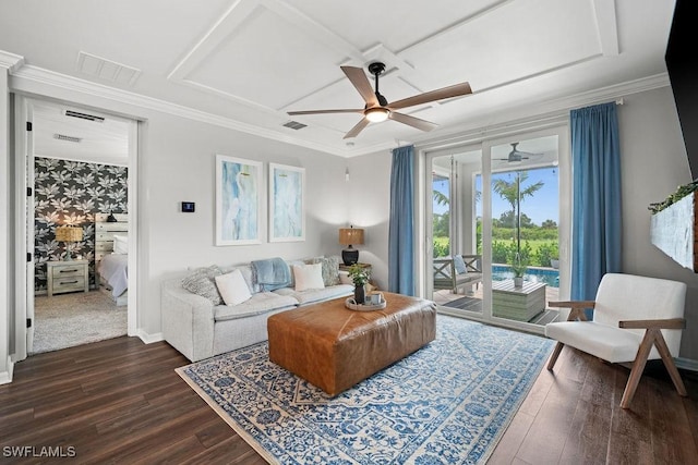 living room with ceiling fan, dark hardwood / wood-style flooring, and ornamental molding