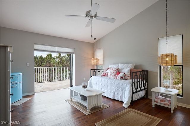 bedroom featuring ceiling fan, access to exterior, dark hardwood / wood-style flooring, and high vaulted ceiling