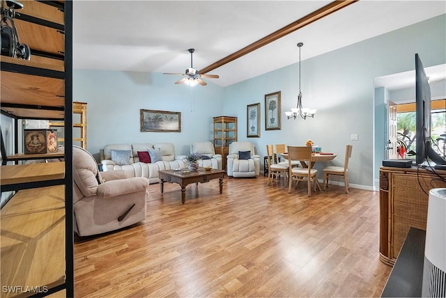 living room with light hardwood / wood-style floors, lofted ceiling, and ceiling fan with notable chandelier