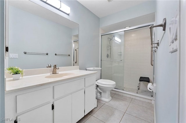 bathroom with toilet, tile patterned floors, vanity, and an enclosed shower