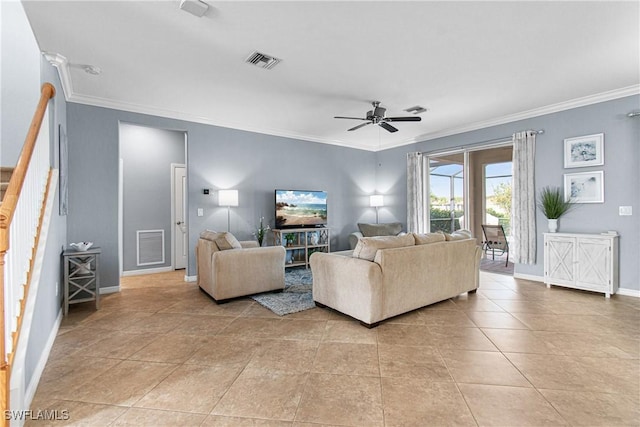 living room featuring light tile patterned floors, ceiling fan, and ornamental molding