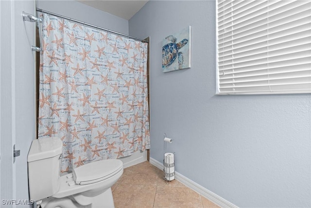 bathroom with toilet, tile patterned floors, and shower / bathtub combination with curtain