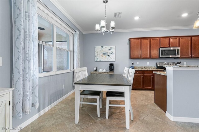 kitchen with pendant lighting, stainless steel appliances, ornamental molding, a notable chandelier, and light tile patterned flooring