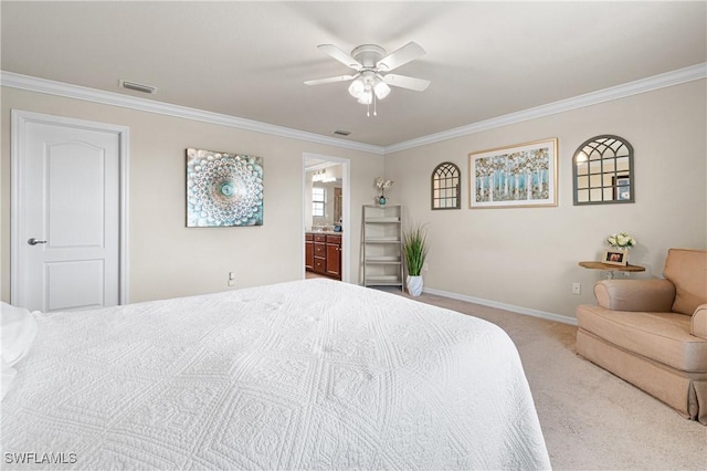 carpeted bedroom featuring ceiling fan, crown molding, and connected bathroom