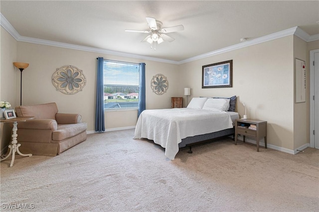 bedroom featuring ceiling fan, crown molding, and light colored carpet