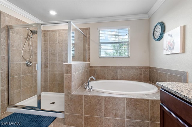 bathroom featuring vanity, independent shower and bath, and crown molding