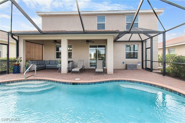 view of pool with ceiling fan, outdoor lounge area, central air condition unit, and a patio