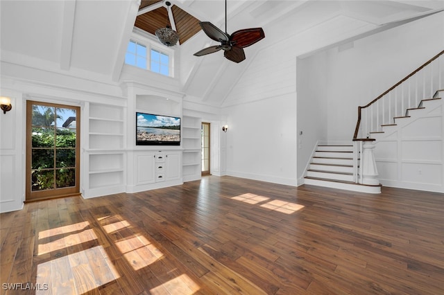 unfurnished living room with dark hardwood / wood-style flooring, ceiling fan, built in features, and high vaulted ceiling