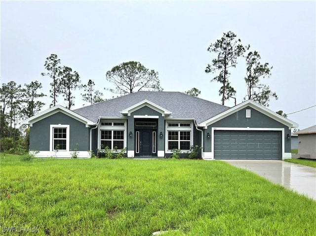 511 Windermere Dr, Lehigh Acres, FL 33972 - ranch-style house with an attached garage, a front lawn, concrete driveway, stucco siding, and roof with shingles
