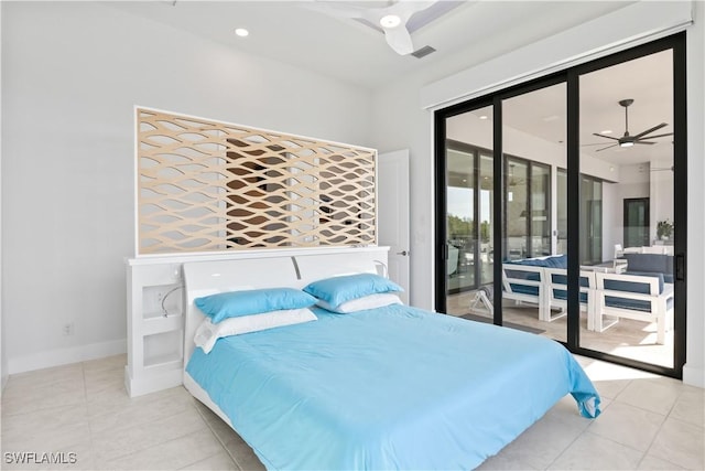 bedroom with light tile patterned floors, access to exterior, and ceiling fan