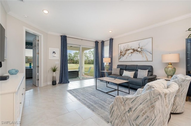 tiled living room with crown molding