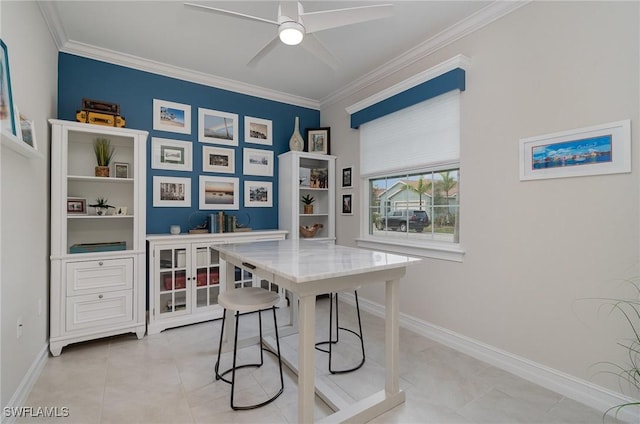 home office with crown molding, light tile patterned floors, and ceiling fan