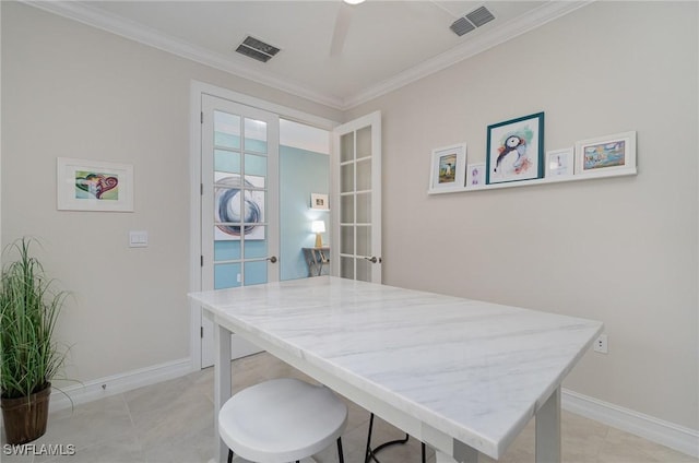 home office featuring ornamental molding, light tile patterned flooring, ceiling fan, and french doors