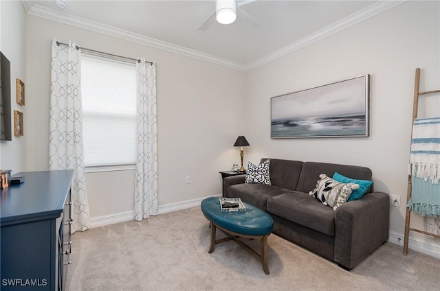 carpeted living room with crown molding and ceiling fan