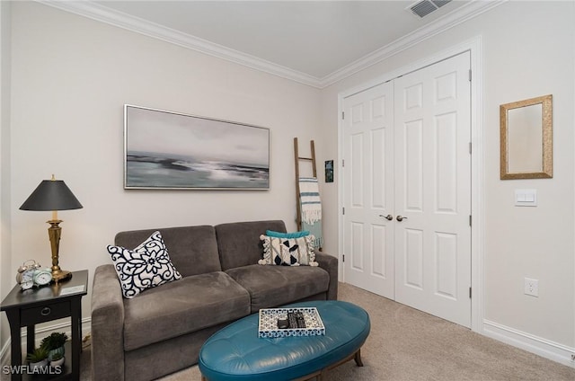 living room featuring crown molding and carpet floors