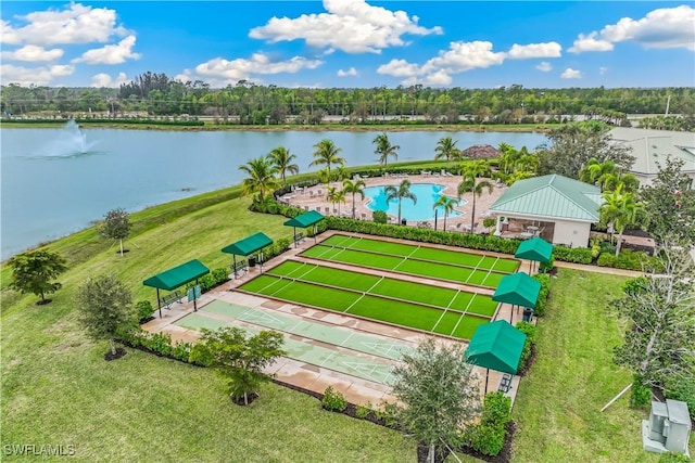 bird's eye view with a water view