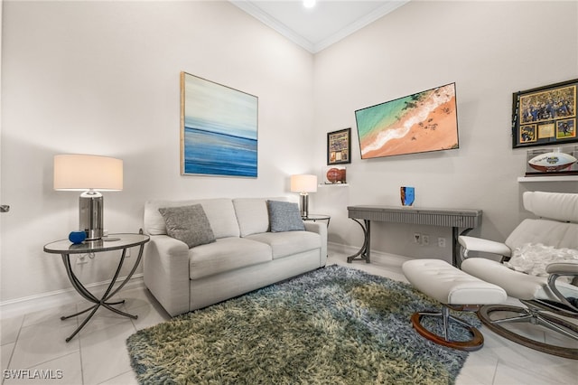 living room featuring light tile patterned flooring and crown molding