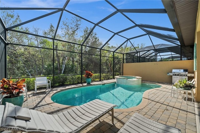 view of swimming pool featuring an in ground hot tub, a lanai, area for grilling, and a patio area