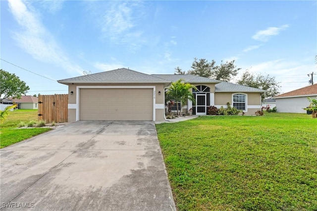 single story home with a front lawn and a garage