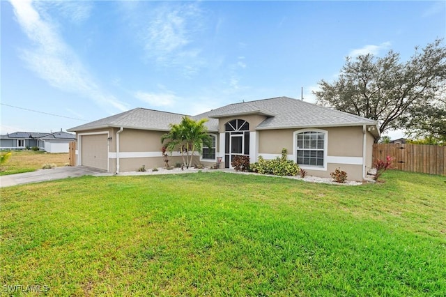 single story home with a garage and a front lawn