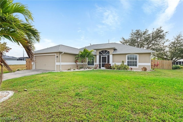 single story home with a garage and a front yard