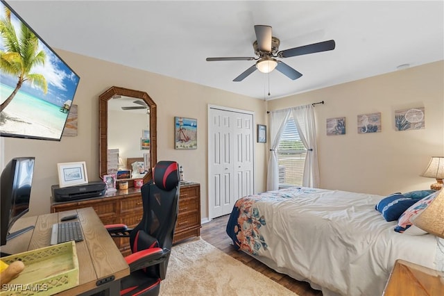 bedroom with ceiling fan, a closet, and light wood-type flooring