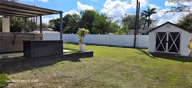 view of yard featuring a storage shed and a pergola