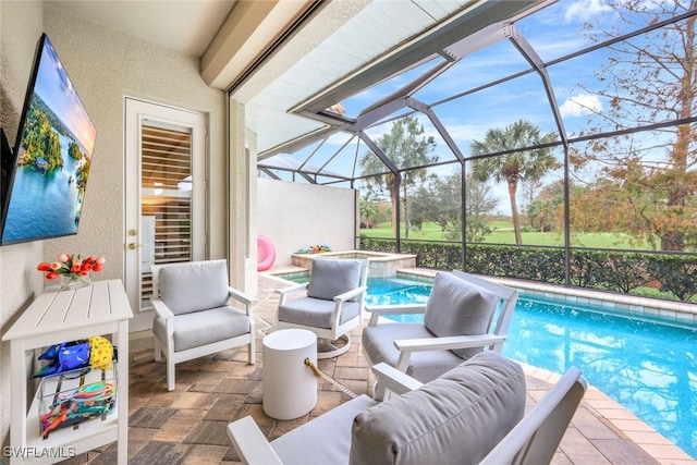 view of swimming pool with an in ground hot tub, outdoor lounge area, glass enclosure, and a patio