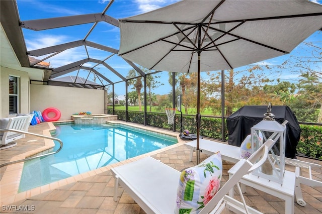 view of swimming pool with area for grilling, an in ground hot tub, a lanai, and a patio