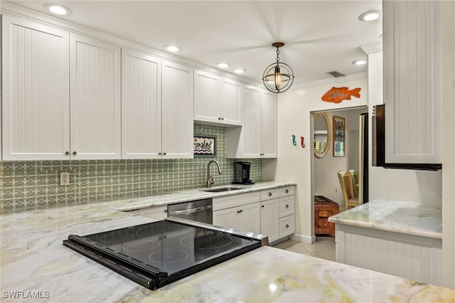 kitchen featuring light stone countertops, pendant lighting, white cabinets, dishwasher, and sink