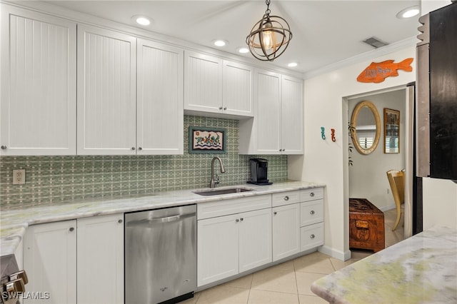 4431 E Mainmast Ct, Fort Myers, FL 33919 - kitchen featuring a sink, tasteful backsplash, light tile patterned flooring, dishwasher, and white cabinetry