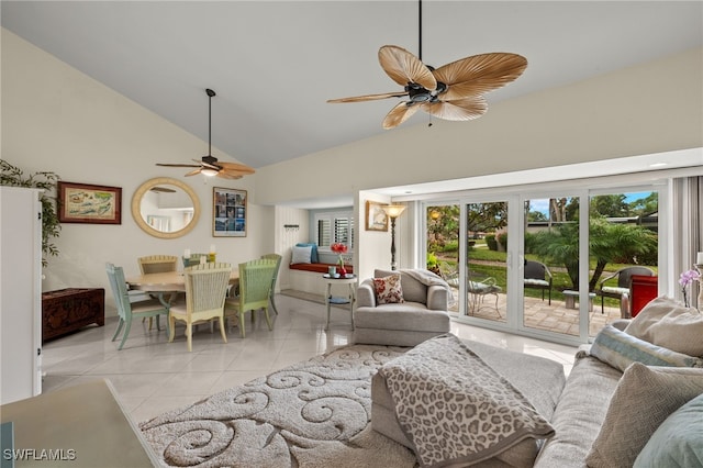 tiled living room featuring high vaulted ceiling and ceiling fan