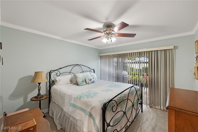 carpeted bedroom featuring ceiling fan, ornamental molding, and access to exterior