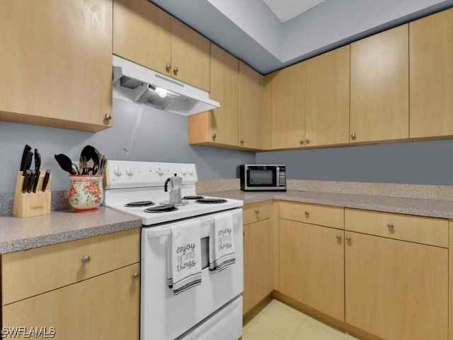 kitchen featuring light brown cabinets and electric range