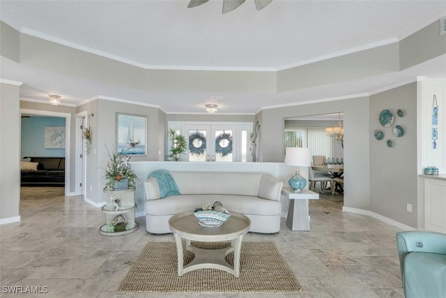 living room featuring crown molding