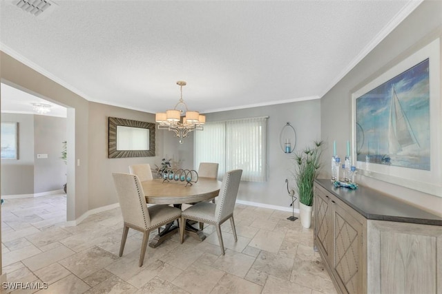 dining room featuring a textured ceiling, crown molding, and a notable chandelier