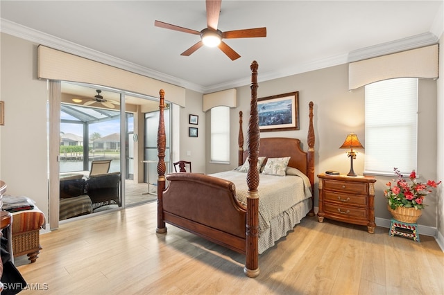 bedroom with crown molding, light wood-type flooring, ceiling fan, and access to outside