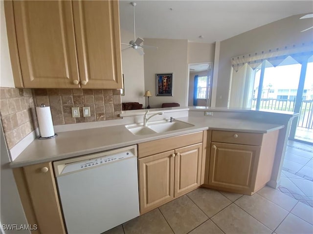3054 Driftwood Way Unit 4508, Naples, FL 34109 - kitchen featuring white dishwasher, light brown cabinets, ceiling fan, light tile patterned flooring, and light countertops